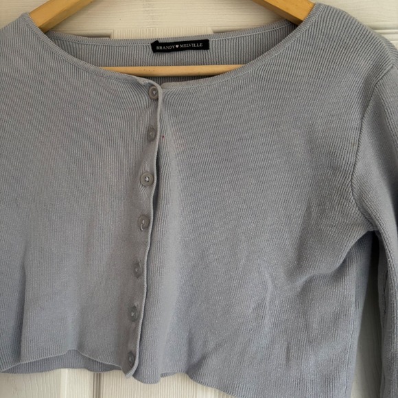 Brandy Melville‎ Grey Ribbed Long Sleeve Cropped Button Up Cardigan Top - Picture 2 of 4